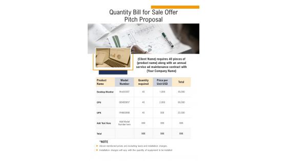 Quantity Bill For Sale Offer Pitch Proposal One Pager Sample Example Document