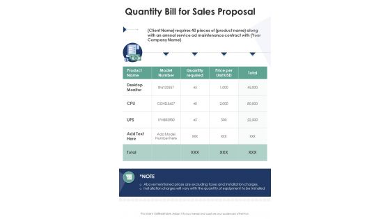 Quantity Bill For Sales Proposal One Pager Sample Example Document