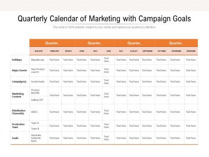 Quarterly calendar of marketing with campaign goals