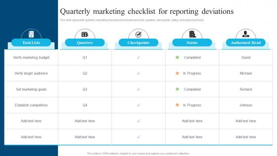 Quarterly Marketing Checklist For Reporting Deviations