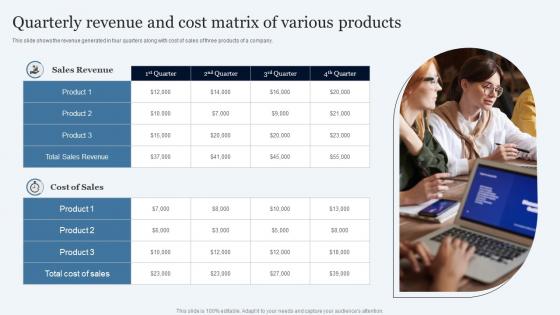 Quarterly Revenue And Cost Matrix Of Various Products