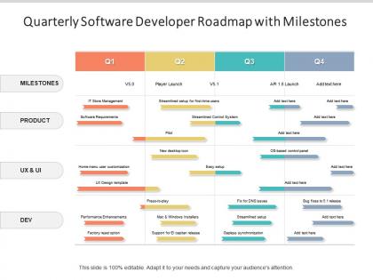 Quarterly software developer roadmap with milestones