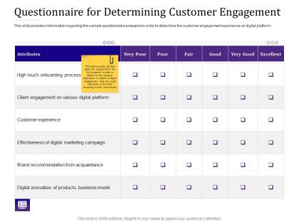 Questionnaire for determining customer engagement empowered ppt outline guide