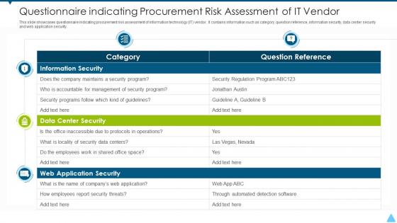 Questionnaire indicating procurement risk assessment of it vendor
