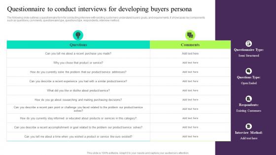 Questionnaire To Conduct Interviews For Developing Building Customer Persona To Improve Marketing MKT SS V