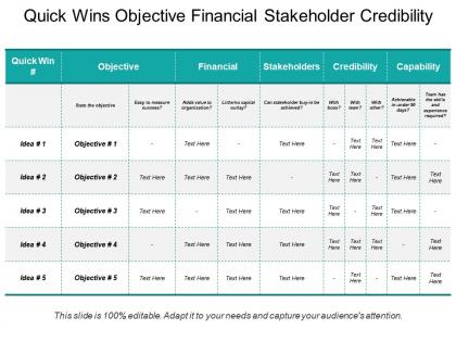 Quick wins objective financial stakeholder credibility