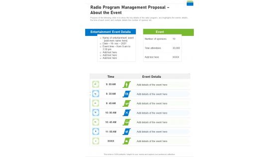 Radio Program Management Proposal About The Event One Pager Sample Example Document
