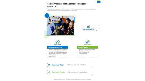 Radio Program Management Proposal About Us One Pager Sample Example Document