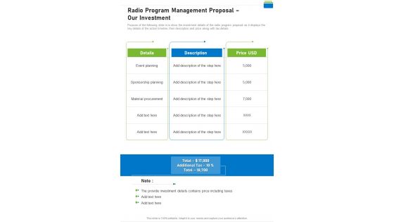 Radio Program Management Proposal Our Investment One Pager Sample Example Document