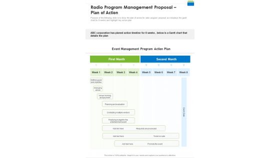 Radio Program Management Proposal Plan Of Action One Pager Sample Example Document