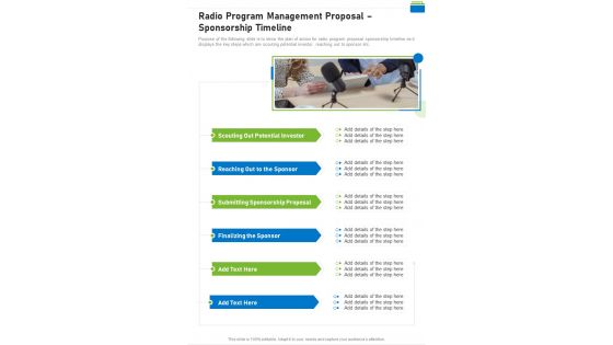 Radio Program Management Proposal Sponsorship Timeline One Pager Sample Example Document