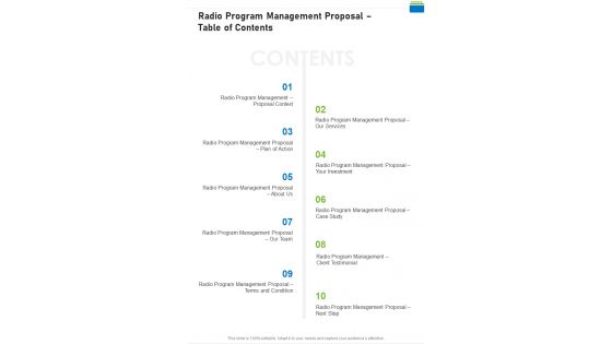Radio Program Management Proposal Table Of Contents One Pager Sample Example Document