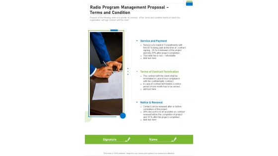 Radio Program Management Proposal Terms And Condition One Pager Sample Example Document
