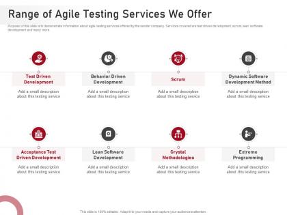 Range of agile testing services we offer proposal agile development testing it ppt portfolio
