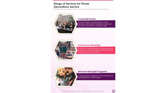 Range Of Services For Flower Decorations Service One Pager Sample Example Document