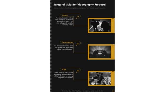 Range Of Styles For Videography Proposal One Pager Sample Example Document