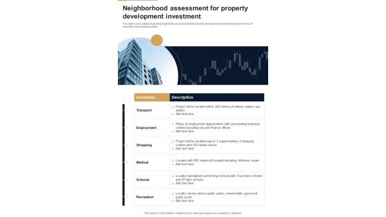 Real Estate Development Investment Neighborhood Assessment For Property One Pager Sample Example Document