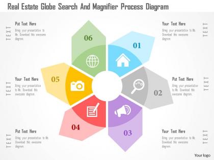 Real estate globe search and magnifier process diagram flat powerpoint design