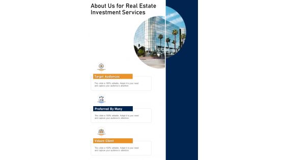 Real Estate Investment Proposal Presentation About Us One Pager Sample Example Document