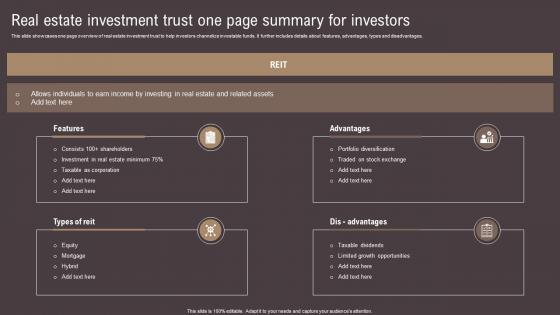Real Estate Investment Trust One Page Summary For Investors