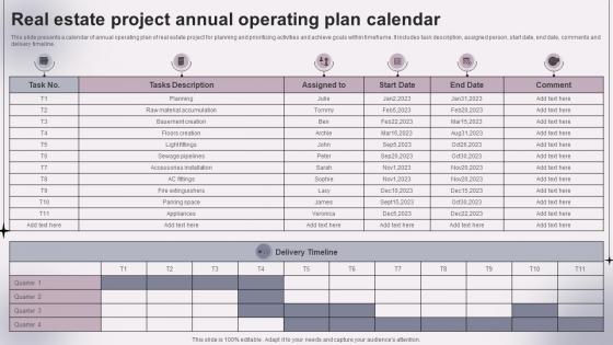 Real Estate Project Annual Operating Plan Calendar