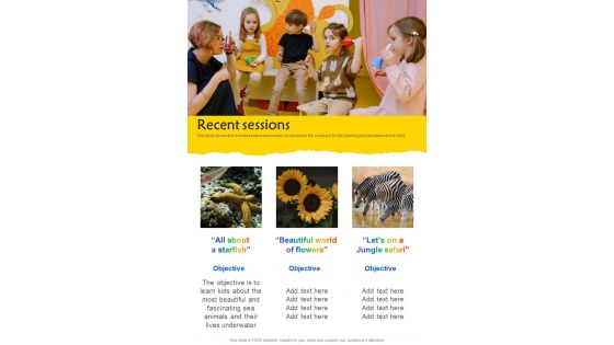 Recent Sessions Kindergarten Proposal One Pager Sample Example Document