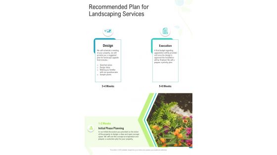 Recommended Plan For Landscaping Services One Pager Sample Example Document