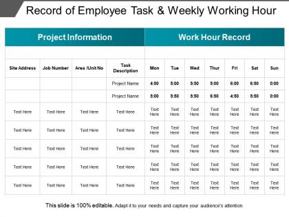 Record of employee task and weekly working hour