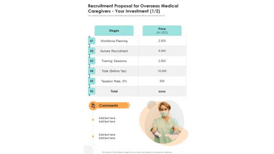 Recruitment Proposal For Overseas Medical Caregivers Your Investment One Pager Sample Example Document