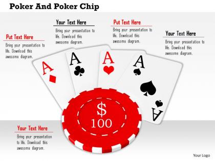 Red 100 dollar poker chip on four aces