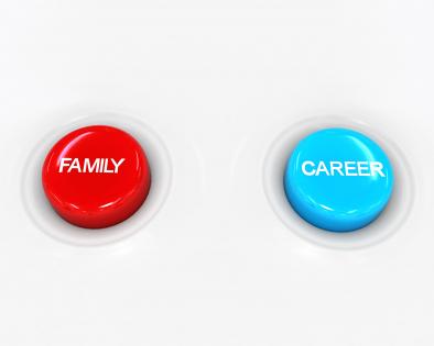 Red and blue buttons on white background with family and career text stock photo