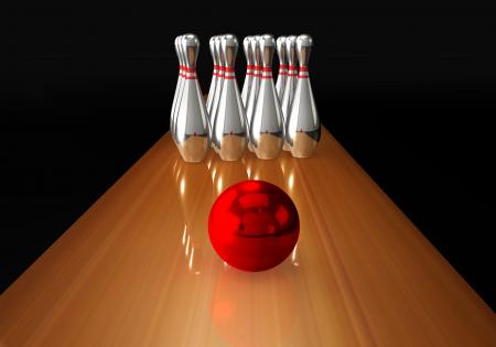 Red ball and silver pins of bowling game stock photo