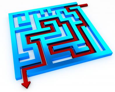 Red solution path with square maze with glossy finish for problem solving stock photo