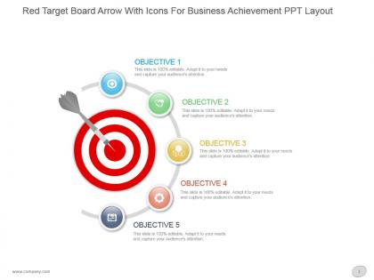 Red target board arrow with icons for business achievement ppt layout