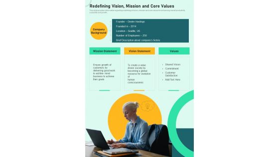 Redefining Vision Mission And Core Values One Pager Sample Example Document