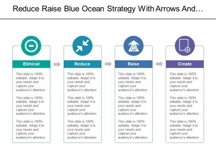 Reduce raise blue ocean strategy with arrows and horizontal boxes