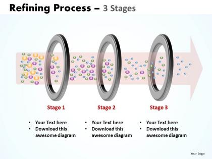 Refining process 3 stages shown by ring filters with liquid flowing through powerpoint templates 0712