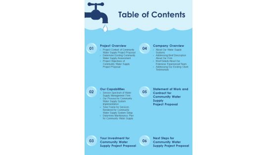 Regional Water Rendering Project Proposal Table Of Contents One Pager Sample Example Document