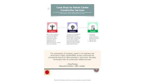 Rehab Center Construction Services For Case Study One Pager Sample Example Document