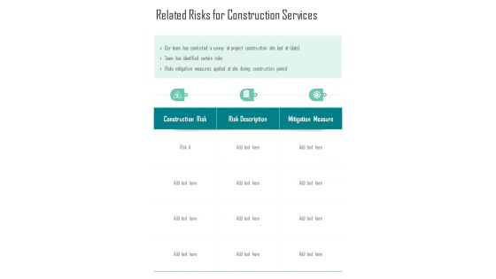 Related Risks For Construction Services Construction Proposal Template One Pager Sample Example Document