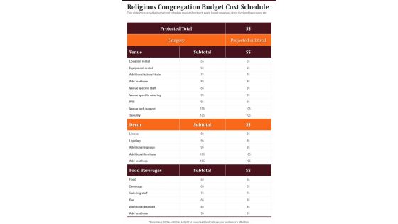 Religious Congregation Budget Cost Schedule One Pager Sample Example Document