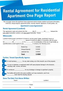 Rental agreement for residential apartment one page report presentation report infographic ppt pdf document