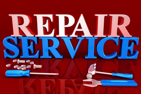 Repair service text on red background with screwdriver and hammer stock photo