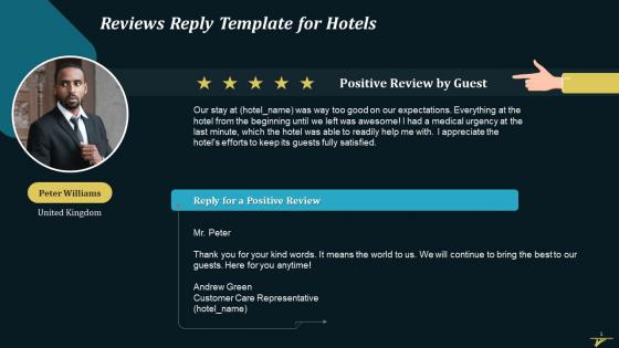 Reply Template For A Hotel To Respond To An Online Positive Review Training Ppt