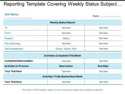 Reporting template covering weekly status subject activities