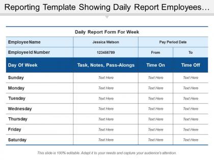 Reporting template showing daily report employees time on and off