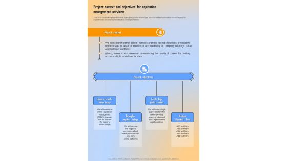 Reputation Management Proposal Project Context And Objectives One Pager Sample Example Document