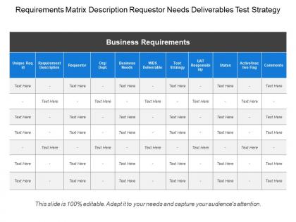 Requirements matrix description requestor needs deliverables test strategy