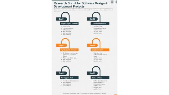 Research Sprint For Software Design And Development Projects One Pager Sample Example Document