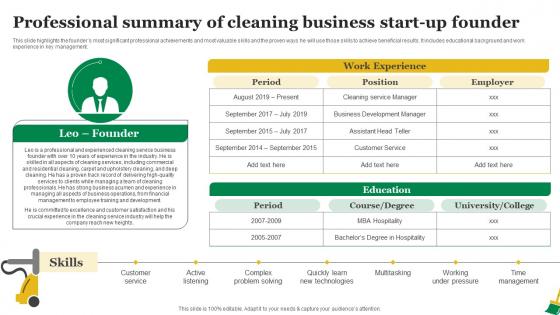 Residential Cleaning Business Plan Professional Summary Of Cleaning Business Start Up Founder BP SS